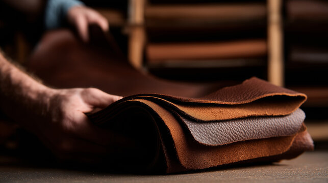 Closeup of hands of craftsman holding various shades of brown leather swatches in a workshop setting, illustrating material selection for leatherwork projects