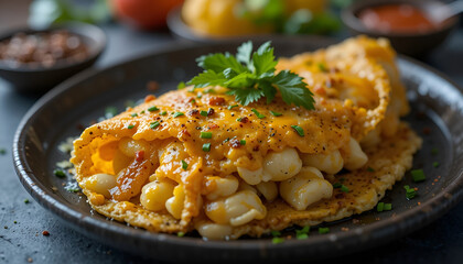 A delicious close-up of a fluffy vegetable omelette stuffed with fresh diced vegetables, served on a rustic plate for a hearty breakfast.