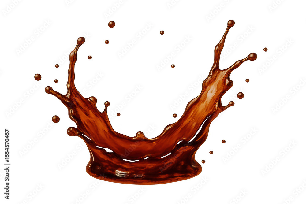 Poster liquid coffee crown splashing upward, creating dynamic arc with transparent backdrop for graphic bev