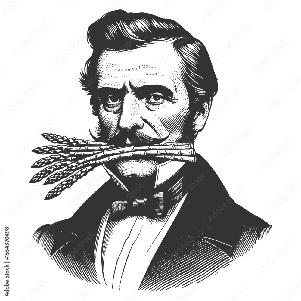 Poster man gripping asparagus stalks in his mouth sketch engraving generative ai fictional character vector