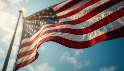The American flag waving proudly on a flagpole, backlit by a warm sun against a beautiful blue sky with clouds.