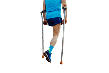 one-legged athlete on crutches running marathon isolated on transparent background