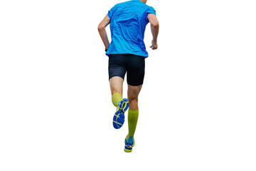 rear view male runner running marathon on compression socks isolated on transparent background