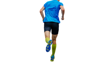 rear view male runner running marathon on compression socks isolated on transparent background