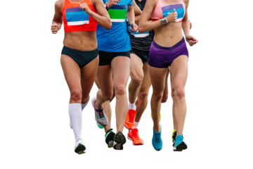 front view group female runners athletes running marathon isolated on transparent background