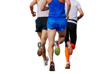 rear view three runners athletes running marathon isolated on transparent background