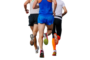 rear view three runners athletes running marathon isolated on transparent background