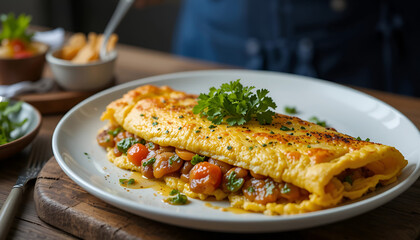 A delicious and savory omelette stuffed with juicy cherry tomatoes and herbs, served on a white plate for a hearty brunch.
