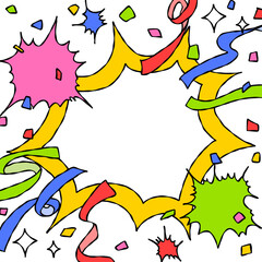 手書きのポップなフレーム背景、トゲトゲのフレーム、紙吹雪、リボン、コミック風、正方形サイズ