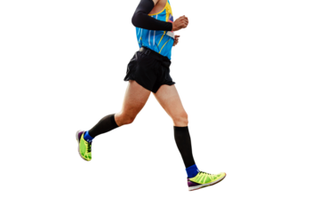 athlete runner in compression socks and sleeves running marathon isolated on transparent background