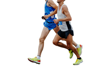 blind runner with his guide running marathon isolated on transparent background