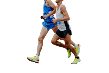 blind runner with his guide running marathon isolated on transparent background