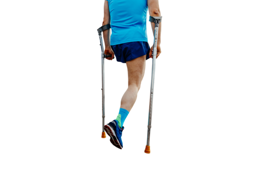 one-legged athlete on crutches running marathon isolated on transparent background