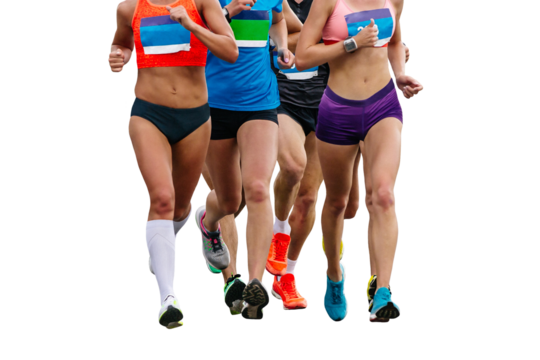 front view group female runners athletes running marathon isolated on transparent background