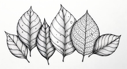 Detailed black and white illustration of several stylized leaves, showing veins.