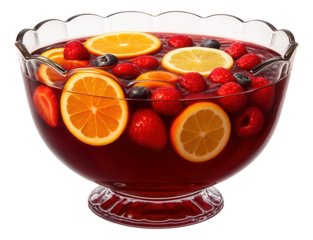 Retro punch bowl with ladle, filled with a bright red Sangria, floating citrus slices, and berry garnish.