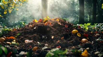 A compost pile made of organic waste sits in a forest. Sunlight filters through the trees, illuminating the rich soil and scattered fruit peels.
