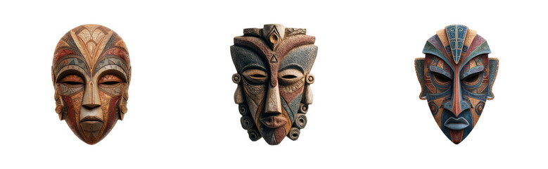 Cultural artifacts display tribal masks exhibition artistic installation gallery space heritage preservation cut out set png