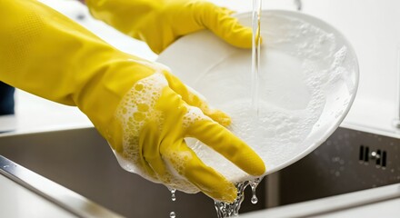 Yellow Rubber Gloved Hands Washing Dishes in Kitchen Sink with Water Flowing