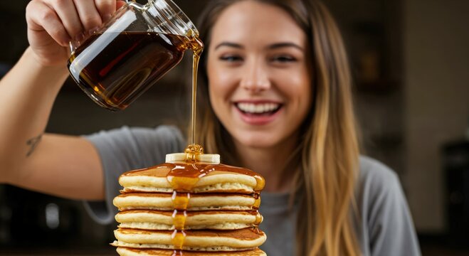 Delicious Pancakes Stacked High with Maple Syrup - Young Woman Enjoying a Breakfast Treat