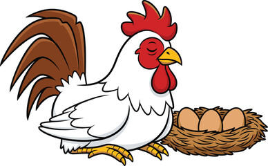 Cartoon chicken sitting near nest, cute hen character, fresh eggs illustration, farm animal clipart, poultry cartoon design, funny livestock drawing, barnyard vector art