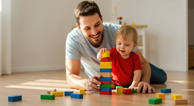Father and Toddler Playing Together with Colorful Building Blocks on Floor - Powered by Adobe