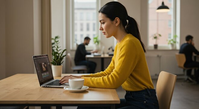 Young Adult Woman Working at Laptop in Modern Office Space with Coffee