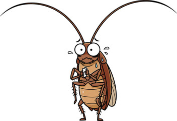 Funny cartoon cockroach character, nervous insect with big eyes, scared bug illustration, anxious pest drawing, cockroach clipart, comical bug pose, cute creepy insect vector