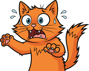 Scared orange cartoon cat character, frightened feline illustration, wide-eyed kitty clipart, funny animal expression, shocked cartoon pet, panicked cat drawing, emotional cute vector art