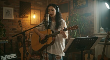 Female Singer Songwriter Performing Acoustic Music in Home Studio Setting