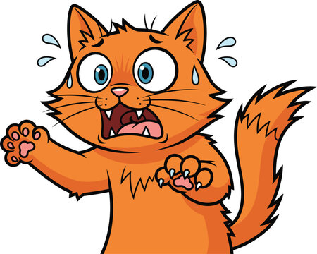 Scared orange cartoon cat character, frightened feline illustration, wide-eyed kitty clipart, funny animal expression, shocked cartoon pet, panicked cat drawing, emotional cute vector art