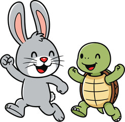 Cute cartoon bunny and turtle, animal friends, smiling characters, running together, happy tortoise and rabbit, children’s illustration, friendship concept, joyful race, adorable wildlife art