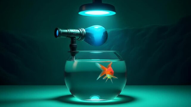 Goldfish Swimming in a Small Tank Under Blue Light Still Life
