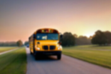 Obraz premium blurry photo of yellow school bus in the morning with sunrise in the bright sky
