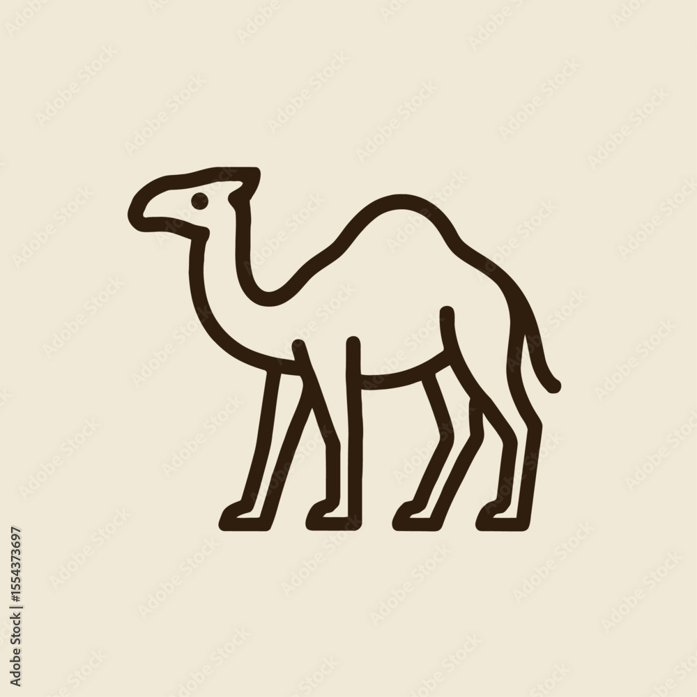 Poster line drawing of a camel depicted in profile with a single hump and a minimalist style