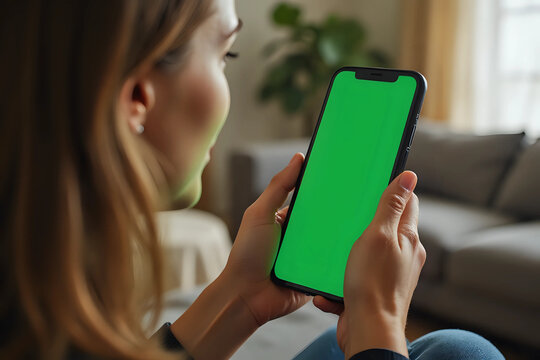 Young Woman at Home Uses Green Mock-up Screen Smartphone. She's Sitting On a Couch in His Cozy Living Room. Point of View Shot.