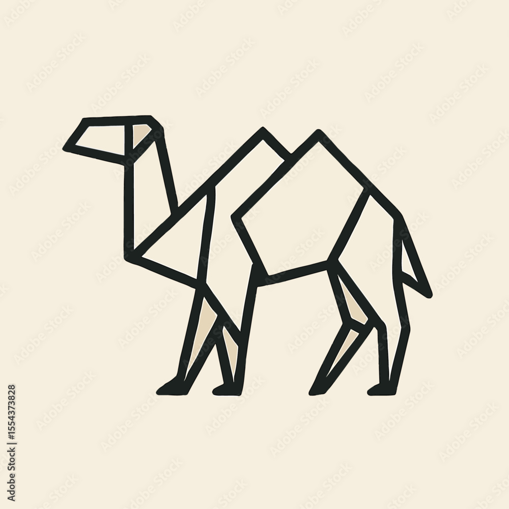 Poster geometric camel icon on a beige background rendered in bold black outlines and sharp folded angles