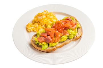 Toast with salmon, avocado and red caviar isolated on white background