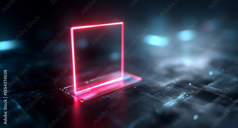 Poster amidst a futuristic grid of blue tiles, a glowing orange cube takes center stage, surrounded by boke