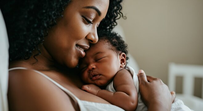 Tender Moment: Black Woman Cradling Newborn Baby in Cozy Indoor Nursery Setting