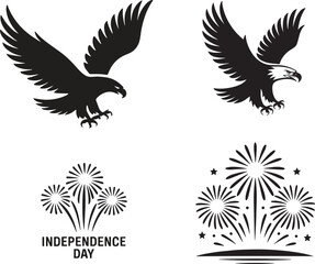 Black silhouette eagles and fireworks for Independence Day celebration bird flying