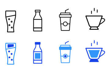 Drink and beverages line and flat icons set. Cocktail glasses and drinks. Different shapes and styles for bar or restaurant use. For app or web UI. Editable vector illustration