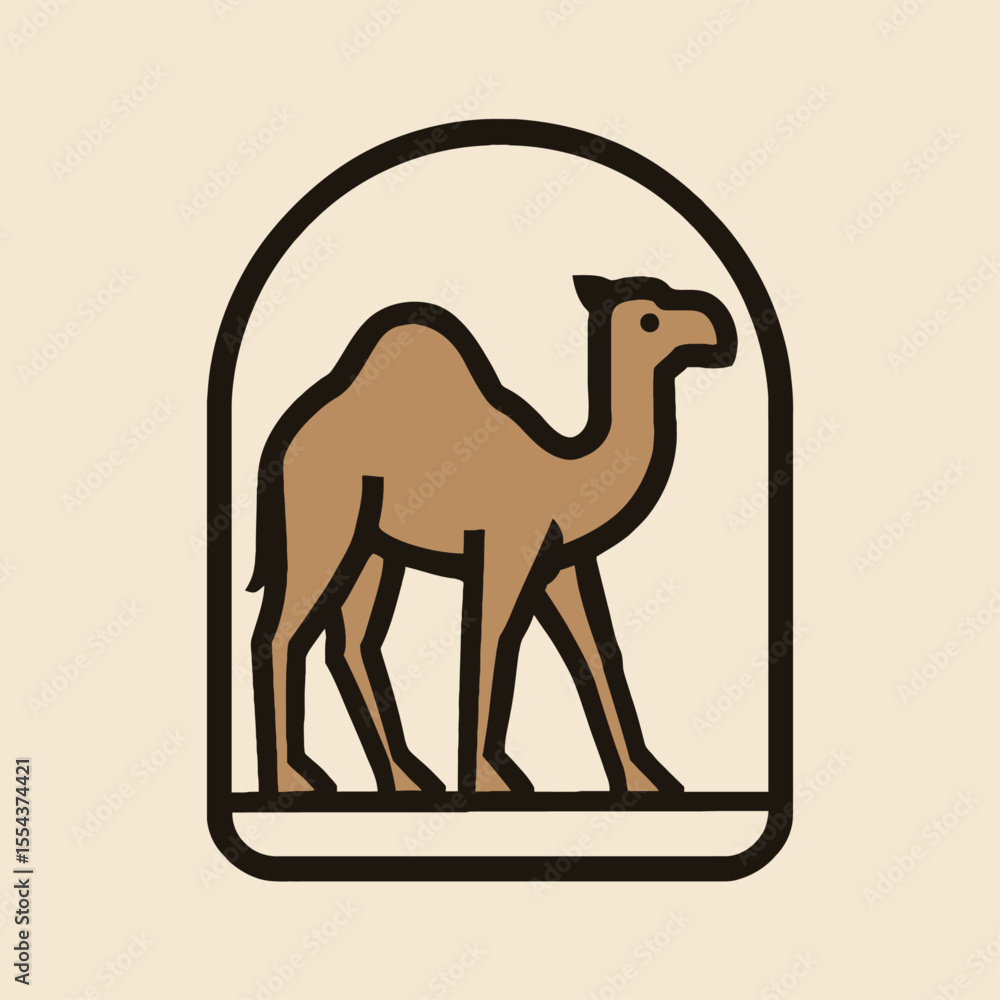 Poster a stylized cartoonlike camel stands within a rounded rectangular frame