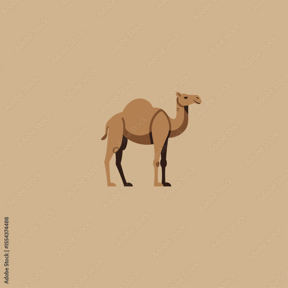 Poster a simplified geometric tan camel with one hump stands on a matching background