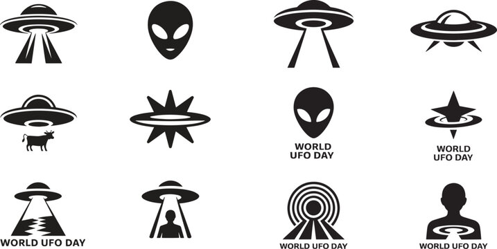 Collection of black and white U F O and alien icons for World U F O Day flying saucer