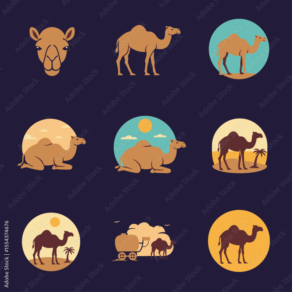 Poster a grid of nine camel icons some standing some lying down and some stylized