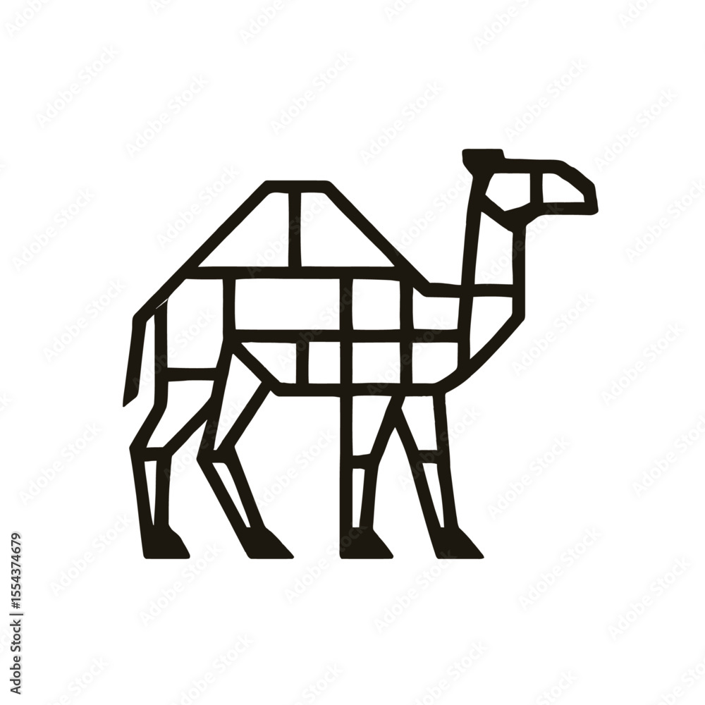 Poster a geometric camel illustration constructed with bold black lines forming angular shapes
