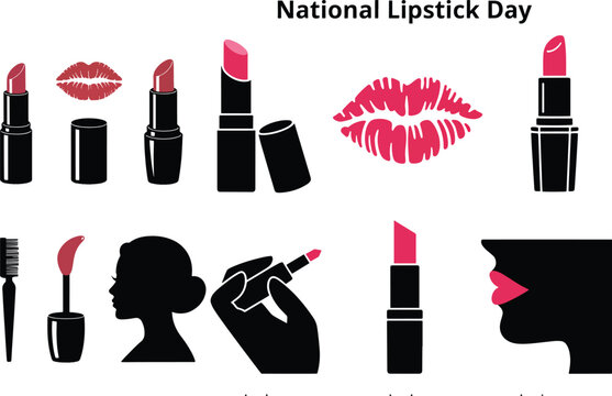 Collection of lipstick tubes and kiss prints in pink and black makeup beauty - Powered by Adobe