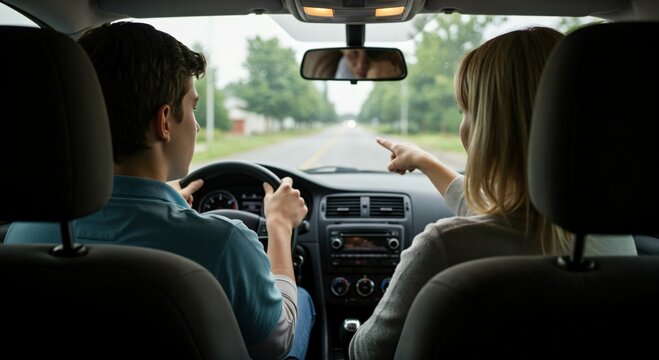 Teen Driver Engaging with Instructor during Driving Lesson in Car on Open Road