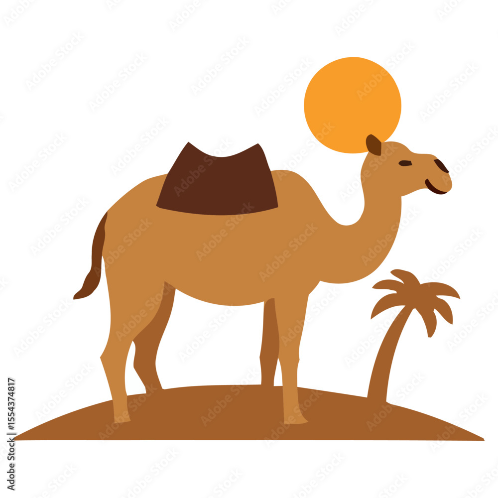 Aufkleber a camel stands near a palm tree in a desert setting with a large sun overhead